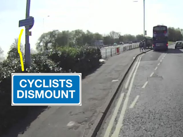 Cyclist dismount signs on Bolton Road